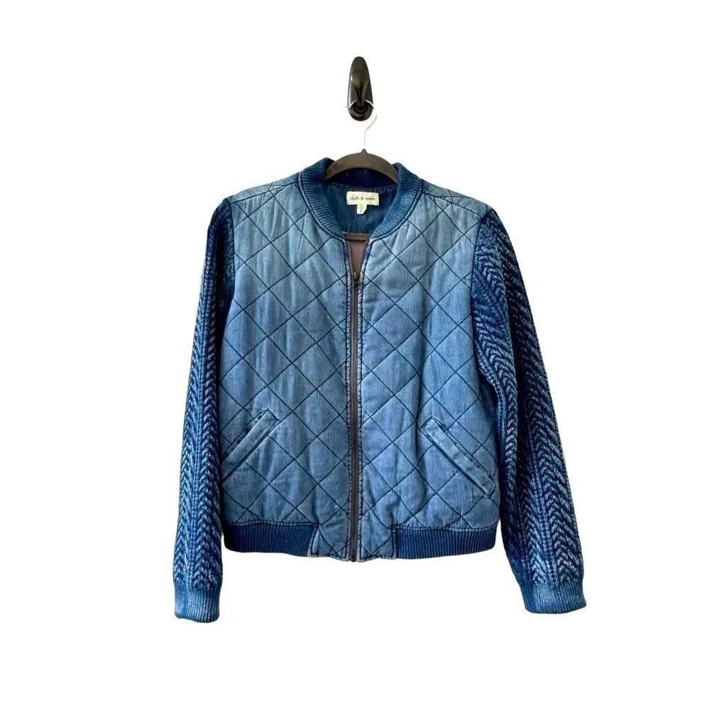 Cloth & Stone Knitted Sleeves Quilted Full-Zip Bomber Jacket Women's Blue Size M